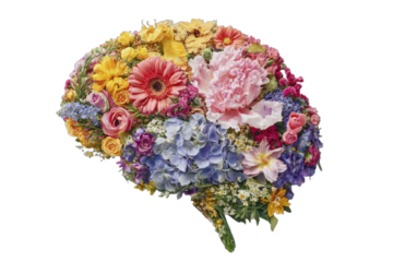 A human brain shape formed entirely from vibrant, colorful flowers