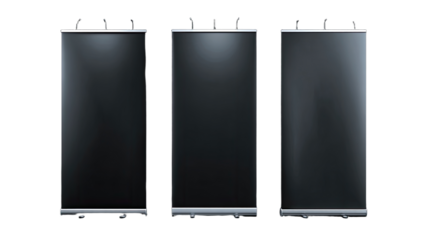 Three tall, black retractable banner stands stand side by side