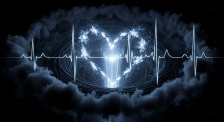 Heartbeat Pulse Line with Glowing Heart in Dark Abstract Background.