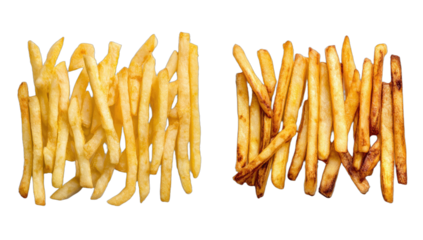 Two piles of golden french fries, one lighter than the other