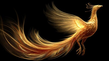 Obraz premium middleground. Phoenix bird with flowing tail feathers in golden light atmosphere, elegant mythological art. wildlife magazines, conservation campaigns, designed for eco-tourism storytelling.