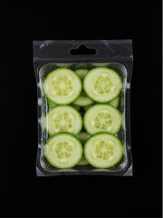 Fresh cucumber slices in clear plastic packaging for retail display black background