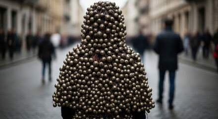 Person covered in small metallic spheres walking down a city street.