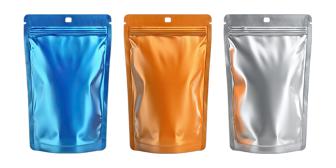 Three shiny, empty pouches in blue, orange, and silver colors stand side by side