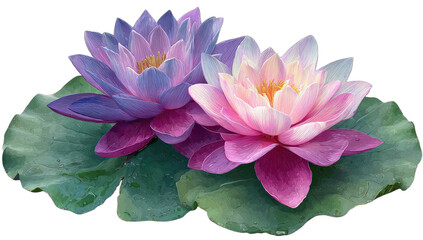 Two beautiful watercolor lotus flowers, one pink, one purple, on green leaves
