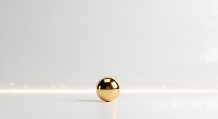 High-Shine Golden Sphere on Minimal White Background. Luxury 3D Rendered Abstract Ball, Elegant Product Display Podium with Light Line and Bokeh Effect.