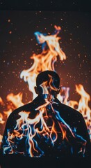 Silhouette of a person standing in front of a vibrant fire display, creating an artistic and dramatic visual effect.