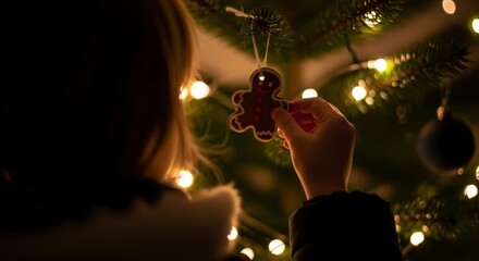 Person hanging a gingerbread man ornament on a Christmas tree with warm lights.