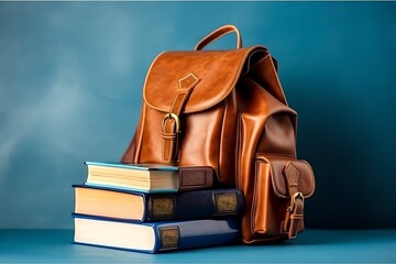 Modern school backpack and books on blue background