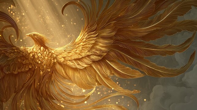 middleground. Phoenix bird with flowing tail feathers in golden light atmosphere, elegant mythological art. wildlife magazines, conservation campaigns, designed for eco-tourism storytelling.