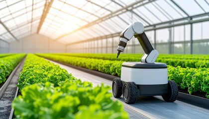 Autonomous agricultural robots operating in a smart farm greenhouse harvesting lettuce with advanced agritech automation and precision agriculture technology.