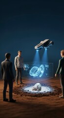 Futuristic Exploration - Scientists Uncover Alien Artifacts with Advanced Technology and Hovercraft.