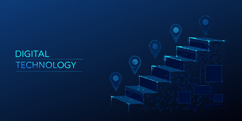 Digital technology steps with location pins on blue background