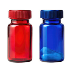 Two translucent plastic pill bottles, one red, one blue, with capsules inside