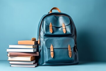 Modern school backpack and books on blue background