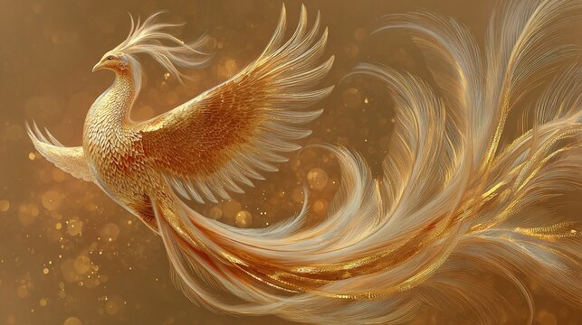 middleground. Phoenix bird with flowing tail feathers in golden light atmosphere, elegant mythological art. wildlife magazines, conservation campaigns, designed for eco-tourism storytelling.