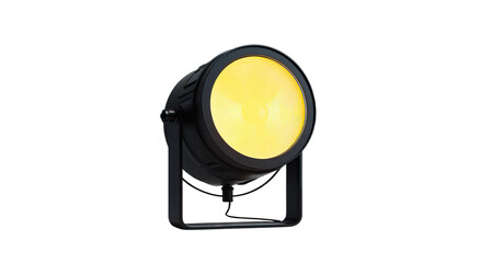 Black stage lighting unit with a bright yellow illuminated circular front, isolated on black