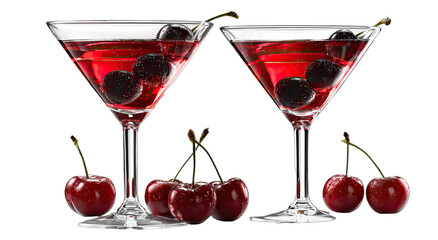 Two elegant glasses holding ruby red drinks with fresh cherries