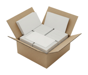 Packaging cardboard box with blank cards warehouse product view isolated on transparent background