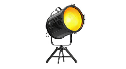 Bright theatrical spotlight with adjustable stand emits warm golden light