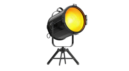 Bright theatrical spotlight with adjustable stand emits warm golden light