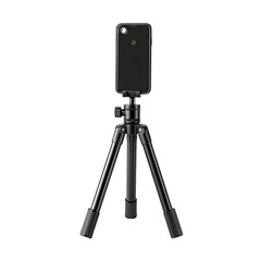 Black smartphone mounted on a portable tripod for stability