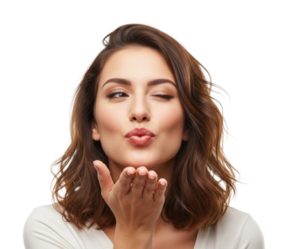 Playful woman blowing a kiss portrait isolated on transparent background - Powered by Adobe