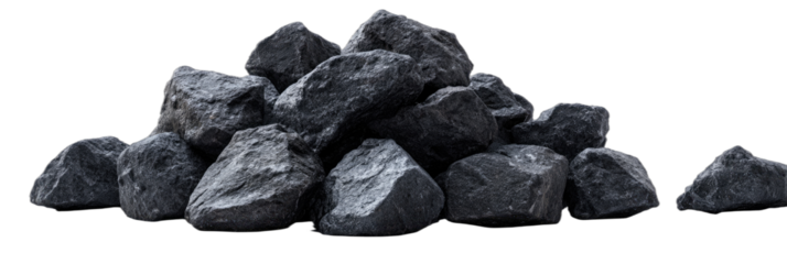 A pile of dark, rough, irregularly shaped rocks against a black background