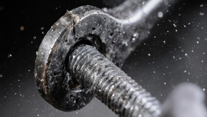 Close-up of a wrench tightening a bolt with metal shavings flying.