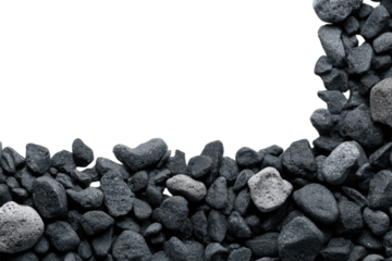 Dark gray and black stones fill bottom right, light stones scattered