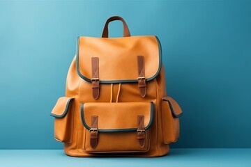 Modern school backpack and books on blue background