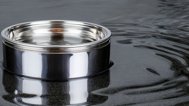 electroplating. Polished metal component partially submerged in electroplating solution, silver reflection. safety posters.