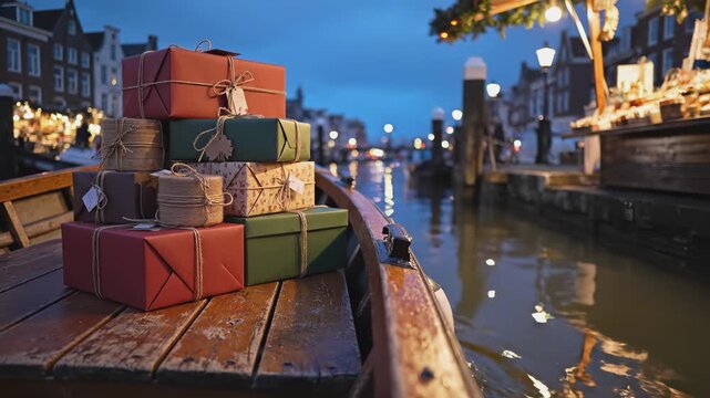 Colorful stacked gift boxes on a wooden boat, illuminated by festive lights, as the camera smoothly zooms in on the scene's enchanting details