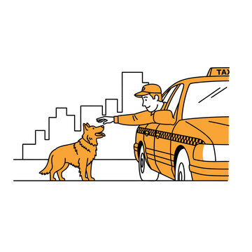 Illustration of a taxi driver giving a treat to a happy dog standing beside a yellow cab, capturing a heartwarming moment of friendship and kindness on a city street