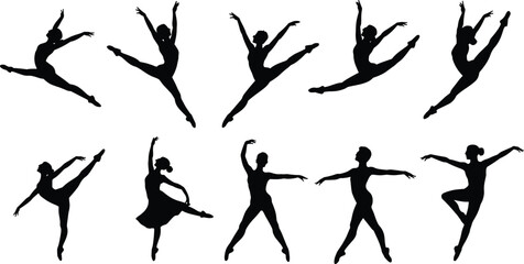 Ballet dancer silhouettes, elegant pose icons, black vector set, graceful movement, editable, isolated, dance clipart, artistic, expressive, stylish