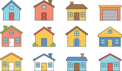 Fototapeta premium Cartoon house icons, colorful building set, architectural clipart, home vector graphics, editable, isolated, residential design, playful, stylized, urban