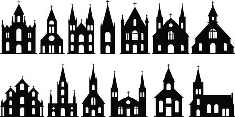 Church silhouette icons, religious architecture set, black vector buildings, steeple design, cultural structures, editable, isolated, graphic, sacred, historic