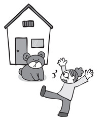 住宅街に出るクマ_人と鉢合わせ_モノクロ