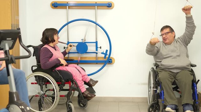People with a physical disability training arms - Powered by Adobe