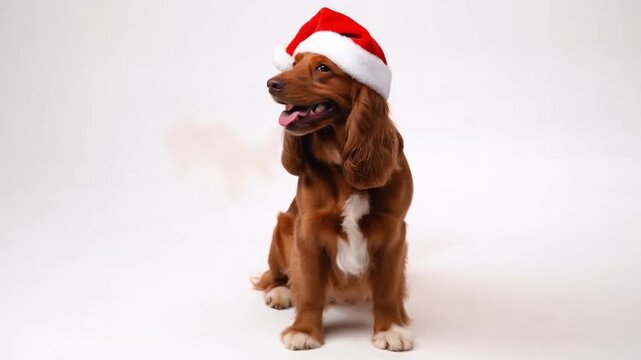 Welsh springer spaniel in a santa hat sits on a white background, wagging its tail furiously with excited foggy breath, conveying enthusiastic and loving holiday happiness.