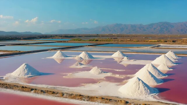 Aerial View of Sicily with Red Evaporation Ponds and Pyramid-Shaped Salt Mounds 4K
