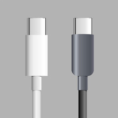 3D illustration of two USB Type-C plugs in different metallic colors. Modern connectivity and charging technology concept.
