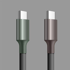 3D illustration of two USB Type-C plugs in different metallic colors. Modern connectivity and charging technology concept