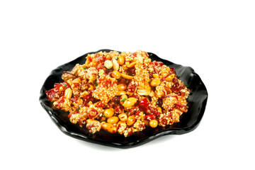 Crispy Chinese Corn and Red Peppers Stir-Fry on Black Plate