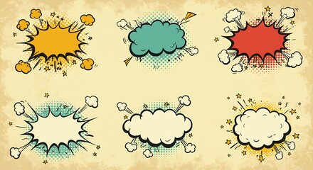 Collection of Six Colorful Comic Book Style Speech Bubbles on a Textured Background
