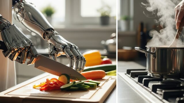 Advanced robotic hand skillfully chopping fresh vegetables on cutting board while human stirs steaming pot, illustrating collaborative smart kitchen, ai cooking assistance and safe automation

