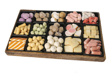 Assorted Meatballs and Gourmet Ingredients in Wooden Display Box