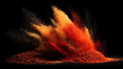 Explosion of vibrant orange and red powder against a black background.