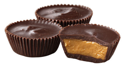 Close-up of three chocolate candy cups with peanut butter filling