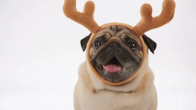 Pug with reindeer antlers sits on a white background, snorting happily with foggy breath, conveying goofy and heartwarming holiday charm.